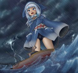 1girl :d alloyrabbit animal_hood bike_shorts blue_eyes blue_hair blush boat cameltoe cloud collarbone commentary dutch_angle english_commentary fishing_line gawr_gura gawr_gura_(1st_costume) giant giantess highres hololive hololive_english hood lightning long_hair long_sleeves open_mouth outdoors rain saliva saliva_trail shark_hood sharp_teeth sky sleeves_past_fingers sleeves_past_wrists smile storm teeth uvula virtual_youtuber water watercraft waves