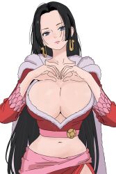 1girl black_hair boa_hancock breasts cape cleavage closed_mouth crop_top earrings expressionless fur_cape grey_eyes highres huge_breasts jewelry long_hair looking_at_viewer navel one_piece simple_background snake_earrings solo ten268 white_background