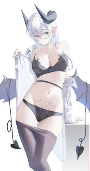 Rule 34 | 1girl, absurdres, black bra, black panties, blue eyes, bra, breasts, cleavage, closed mouth, clothes pull, demon girl, demon horns, demon tail, demon wings, glasses, grey pantyhose, hair behind ear, highres, horns, large breasts, long hair, looking at viewer, multiple tails, navel, open clothes, open shirt, original, panties, pantyhose, pantyhose pull, pointy ears, pubic tattoo, round eyewear, shirt, single bare shoulder, smile, solo, stomach, tail, tanishi (hetianming11093), tattoo, two tails, underwear, very long hair, white hair, white shirt, wings