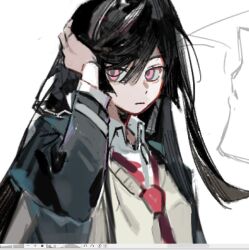 1other black_jacket brown_cardigan cardigan closed_mouth collared_shirt expressionless hair_over_one_eye jacket jingshenhuanghu lcb_uniform_(project_moon) limbus_company long_hair long_sleeves looking_at_viewer necktie original pink_eyes project_moon red_necktie shirt sidelocks simple_background white_background white_shirt