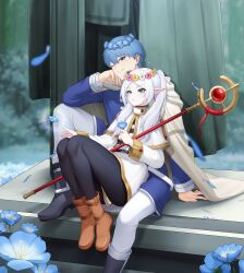 Rule 34 | 1boy, 1girl, ;), absurdres, belt, black belt, black pantyhose, blue eyes, blue flower, blue hair, blurry, blurry background, boots, brown footwear, cape, capelet, casting spell, chinese commentary, closed mouth, commentary request, dress, earrings, elf, eyelashes, field, flower, flower field, flower wreath, foot out of frame, frieren, full body, green eyes, grey hair, head wreath, highres, himmel (sousou no frieren), holding, holding staff, jewelry, knees up, leaning back, leaning on person, legs together, long hair, long sleeves, looking at another, mage staff, mole, mole under eye, one eye closed, pants, pantyhose, parted bangs, parted lips, pointy ears, short dress, short hair, sitting, sitting between lap, smile, sousou no frieren, staff, statue, thick eyebrows, thighs, tsurime, twintails, white cape, white capelet, white dress, white pants, wide sleeves, wish-tf