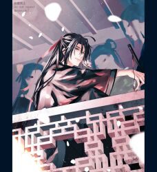 Rule 34 | 1boy, 3others, absurdres, ahoge, architecture, black hair, black hanfu, black robe, chinese clothes, closed mouth, east asian architecture, falling petals, flower, flute, grey eyes, hair down, hair ribbon, half updo, hanfu, highres, holding, holding flower, holding flute, holding instrument, instrument, long hair, long sleeves, looking at viewer, male focus, modao zushi, multiple others, natttume, petals, ponytail, railing, red ribbon, ribbon, robe, sitting, smile, solo focus, wei wuxian, wei wuxian (yiling laozu), white flower, wide sleeves