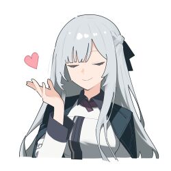 1girl absurdres ak-12_(girls&#039;_frontline) black_cape cape closed_eyes closed_mouth commentary cropped_torso facing_viewer girls&#039;_frontline grey_hair hair_ribbon hand_up heart highres long_hair myticalcat ribbon simple_background smile solo white_background
