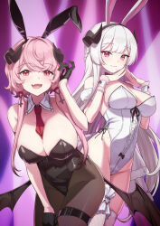 2girls animal_ear_hairband animal_ears bare_shoulders belt bernina_(stella_sora) black_belt black_gloves black_horns black_leotard black_pantyhose black_wings braid closed_mouth commentary_request demon_girl demon_horns demon_wings detached_collar fake_animal_ears fang fishnet_pantyhose fishnets gloves hairband half_up_braid hand_on_own_thigh highres horns leaning_forward leotard looking_at_viewer low_twintails low_wings mole mole_on_stomach multiple_girls necktie ochiaki open_mouth pantyhose pink_eyes pink_hair playboy_bunny rabbit_ear_hairband rabbit_ears red_necktie short_necktie skin_fang smile stella_sora strapless strapless_leotard thigh_belt thigh_strap twintails virigia_(stella_sora) white_hair white_leotard wings