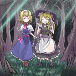 Rule 34 | alice margatroid, clothes lift, forest, forest of magic, grass, grin, highres, implied pantyshot, kirisame marisa, light rays, looking at viewer, looking to the side, nature, naughty face, one eye closed, peroponesosu., skirt, skirt lift, smile, standing, sunbeam, sunlight, touhou, tree, v