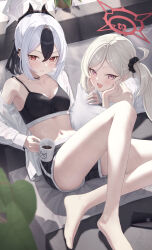 2girls :d absurdres alternate_costume barefoot black_hair black_shorts black_sports_bra blue_archive blush breasts coffee_mug commentary_request cup demon_horns dolphin_shorts ear_piercing grey_halo halo highres holding holding_cup horns huran_tea jacket kayoko_(blue_archive) light_blush long_hair looking_at_viewer mug multicolored_hair multiple_girls mutsuki_(blue_archive) navel open_clothes open_jacket open_mouth parted_lips piercing pink_eyes pointy_ears ponytail red_eyes red_halo shirt shorts side_ponytail small_breasts smile sports_bra stomach thighs two-tone_hair white_hair white_jacket white_shirt