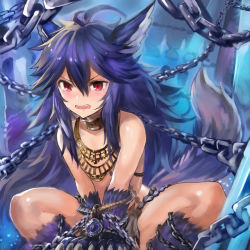 10s 1girl animal_ears bare_shoulders blue_hair blush chain edobox erune female_focus fenrir_(shingeki_no_bahamut) granblue_fantasy jewelry necklace open_mouth red_eyes solo squatting tail wolf_ears wolf_tail