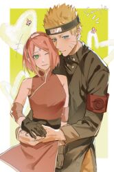 1boy 1girl blonde_hair blue_eyes dress flak_jacket forehead_protector green_eyes haruno_sakura highres jacket naruto naruto:_the_last naruto_(series) ninja pink_dress pink_hair sanqie short_hair uzumaki_naruto uzumaki_symbol