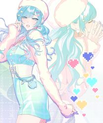 1girl :d absurdres aqua_dress arm_at_side blue_eyes blue_hair breasts chase_my_ideal_idol!_(project_sekai) closed_eyes commentary corset cowboy_shot cross-laced_clothes cross-laced_corset dress earrings envelope_earrings grin hair_ornament half-closed_eyes halftone hand_up hat heart heart_hair_ornament highres hinomori_shizuku jewelry long_hair long_sleeves looking_at_viewer low_twintails multiple_views nail_polish official_alternate_costume official_alternate_hairstyle open_mouth profile project_sekai purple_nails ribbon sa_tsuko shirt simple_background sleeveless sleeveless_dress sleeves_past_wrists small_breasts smile speech_bubble_hair_ornament standing swept_bangs symbol-only_commentary tight_clothes tight_dress twintails u_u white_background white_corset white_hat white_ribbon white_shirt zoom_layer