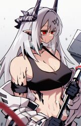 1girl absurdres arknights bare_shoulders black_gloves black_horns breasts cleavage closed_mouth collarbone crop_top dryegen ear_piercing gloves grey_background grey_hair hair_between_eyes hair_intakes hammer highres holding holding_hammer holding_weapon horns hot infection_monitor_(arknights) large_breasts long_hair long_sleeves looking_ahead material_growth midriff mudrock_(arknights) mudrock_(elite_ii)_(arknights) navel oripathy_lesion_(arknights) piercing pointy_ears red_eyes sledgehammer sleeveless solo steaming_body sweat weapon