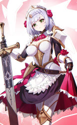 1girl absurdres armor armored_dress black_gloves boobplate braid breastplate breasts closed_mouth dress flower gauntlets genshin_impact gloves green_eyes grey_hair hair_flower hair_ornament highres holding holding_sword holding_weapon looking_at_viewer maid noelle_(genshin_impact) red_flower red_rose rose short_hair shoulder_armor smile solo standing sword weapon wuzhihuijia