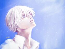 1boy beco_(karikaribaconchan) blue_background grey_eyes kaneki_ken looking_up male_focus open_mouth portrait shirt short_hair signature solo teeth tokyo_ghoul white_hair white_shirt