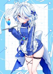1girl absurdres alternate_costume apron blue_bow blue_eyes blue_pupils blue_sweater blush bow closed_mouth clothes_tug commentary_request cowboy_shot drop-shaped_pupils enmaided frilled_apron frilled_hairband frills furina_(genshin_impact) genshin_impact hairband hand_up heterochromia highres holding holding_tray hydro_symbol_(genshin_impact) ineka_ka long_sleeves looking_at_viewer maid maid_headdress o-ring o-ring_thigh_strap solo sweater symbol-shaped_pupils thigh_strap tray vision_(genshin_impact) waist_apron white_apron white_hairband