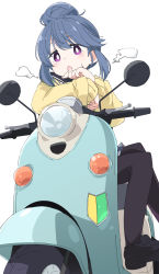 1girl black_pantyhose black_shoes blue_hair hair_bun ixy looking_at_viewer motor_vehicle motorcycle pantyhose purple_eyes scooter shima_rin shoes short_hair shoshinsha_mark simple_background single_hair_bun sitting solo vespa white_background yurucamp