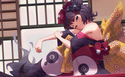 1girl bare_shoulders black_hair black_kimono blue_eyes closed_mouth commentary fate/grand_order fate_(series) hair_ornament head_tilt highres indoors japanese_clothes katsushika_hokusai_(fate) katsushika_hokusai_(second_ascension)_(fate) kimono looking_at_viewer short_hair smile solo user_gwnk5583