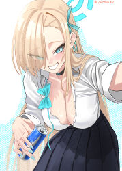 1girl absurdres asuna_(blue_archive) asuna_(school_uniform)_(blue_archive) black_skirt blonde_hair blue_archive blue_bow blue_bowtie blue_eyes blue_halo blue_ribbon blush bow bowtie breasts can chicken_dduck choker cleavage collarbone commentary drink_can hair_over_one_eye hair_ribbon halo highres holding holding_can large_breasts long_hair looking_at_viewer loose_bowtie pleated_skirt ribbon school_uniform shirt skirt sleeves_rolled_up smile solo very_long_hair white_shirt