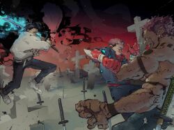Rule 34 | 3boys, arm tattoo, back tattoo, battle, black hair, cursed energy (jujutsu kaisen), domain expansion, extra arms, gauntlets, grin, highres, holding, holding sword, holding weapon, jin (evrythgistwice), jujutsu kaisen, katana, male focus, multiple boys, okkotsu yuuta, pink hair, planted, planted sword, planted weapon, shoes, short hair, smile, sneakers, sword, tattoo, tombstone, weapon, white shoes