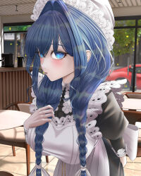 1girl apron black_dress bloodyblack blue_eyes blue_hair blush braid breasts cafe chair commentary dress english_commentary hair_intakes hat highres hololive hololive_english indoors large_breasts looking_at_viewer low_twin_braids maid maid_apron mob_cap official_alternate_costume official_alternate_hairstyle ouro_kronii ouro_kronii_(maid) sattou solo table twin_braids virtual_youtuber white_apron