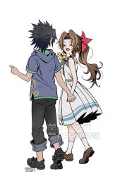 1boy 1girl aerith_gainsborough aged_down bare_shoulders black_hair black_pants black_shoes blue_hoodie blush brown_shoes child commentary_request dress facing_another final_fantasy final_fantasy_vii final_fantasy_vii_ever_crisis flower from_behind full_body hair_ribbon happy_tears high_ponytail holding holding_flower holding_hands hood hood_down hoodie huosheanng interlocked_fingers long_hair open_mouth pants pants_rolled_up parted_bangs pink_ribbon pointing pointing_forward ponytail ribbon shoes short_hair short_sleeves single_tear sleeveless sleeveless_dress smile socks spiked_hair tears three_quarter_view walking white_background white_dress white_socks yellow_flower zack_fair