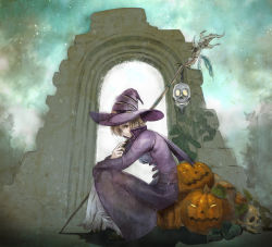 1girl arch dark_souls_(series) dark_souls_i female_focus fromsoftware hair_over_one_eye halloween hat jack-o&#039;-lantern nukotama skull solo staff witch_beatrice witch_hat