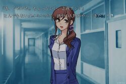1girl bow breasts brown_eyes brown_hair dress fake_screenshot hair_bow hair_ornament hair_scrunchie highres long_hair looking_at_viewer medium_hair mole mole_under_mouth noel_(tsukihime) school scrunchie smile solo speech_bubble takeuchi_takashi_(style) tok8505_(erica) tsukihime tsukihime_(remake) visual_novel