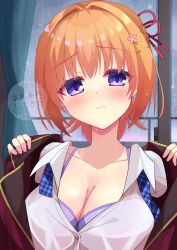 1girl absurdres blush bra breasts buttons cafe_stella_to_shinigami_no_chou cleavage closed_mouth collared_shirt commentary curtains eyelashes eyes_visible_through_hair fingernails floral_print_bra hair_between_eyes hair_intakes hair_ornament hair_ribbon hairclip hands_up highres indoors jacket large_breasts looking_at_viewer medium_hair miz_awa open_clothes open_jacket orange_hair ponytail purple_bra purple_eyes rain red_jacket red_ribbon ribbon school_uniform shirt solo split_mouth sumizome_nozomi underwear undressing upper_body watermark white_shirt window