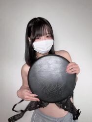 1girl animated asian black_bra black_hair bra breasts convenient_censoring face_mask hinkonhima holding holding_tray indoors long_hair looking_at_viewer mask medium_breasts real_life solo sound standing topless_female tray underwear undressing video