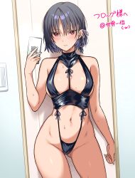 1girl aa-rance bare_arms black_hair blush breasts cellphone closed_mouth commission cowboy_shot gluteal_fold hair_between_eyes highres holding holding_phone horikita_suzune large_breasts looking_at_viewer mirror navel phone red_eyes reflection selfie short_hair skeb_commission smartphone smile solo youkoso_jitsuryoku_shijou_shugi_no_kyoushitsu_e