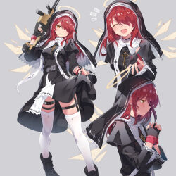 1girl alternate_costume alternate_hairstyle arknights black_gloves chinese_commentary closed_eyes closed_mouth commentary_request cross detached_wings dress exusiai_(arknights) fingerless_gloves gloves grey_background gun hair_down hair_over_one_eye halo highres holding holding_gun holding_weapon kataokasan kriss_vector multiple_views nun open_mouth red_hair simple_background smile submachine_gun thighhighs weapon wings yellow_halo