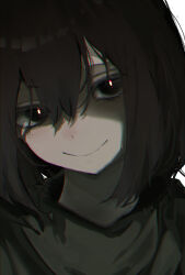 1other black_eyes black_sweater bright_pupils brown_hair chara_(undertale) chromatic_aberration closed_mouth commentary_request double-parted_bangs hair_between_eyes head_tilt highres looking_at_viewer medium_hair other_focus portrait shaded_face simple_background slit_pupils smile solo sweater tama_konnyaku turtleneck turtleneck_sweater undertale white_background white_pupils