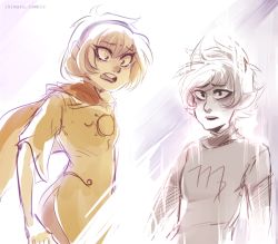 2girls black_hair black_lips blonde_hair colored_sclera colored_skin death dissolving fangs god_tier grey_skin hairband homestuck hood horns ikimaru kanaya_maryam lipstick makeup multiple_girls purple_eyes rose_lalonde sharp_teeth short_hair spoilers tears teeth virgo_(symbol) yellow_sclera
