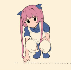 1girl ant apron blue_bow blue_dress blue_footwear bow bug closed_mouth dress empty_eyes female_focus hair_bow head_tilt insect long_hair omega_rio omega_sisters original pink_background pink_hair puffy_short_sleeves puffy_sleeves sakurai_energy short_sleeves simple_background solo squatting thighhighs twintails virtual_youtuber white_apron white_thighhighs
