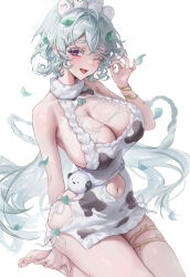 1girl breasts cleavage cleavage_cutout clothing_cutout colored_eyelashes goddess_of_victory:_nikke hair_between_eyes highres large_breasts long_hair mole one_eye_closed purple_eyes r0_0ong seiza sitting sleeveless sleeveless_turtleneck smile solo sweater teeth trina_(nikke) turtleneck upper_teeth_only white_background white_eyelashes white_hair