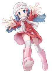 Rule 34 | 1girl, beanie, blue eyes, blush, boots, closed mouth, coat, commentary request, creatures (company), dawn (pokemon), eyelashes, from below, game freak, gluteal fold, hair ornament, hairclip, hat, long hair, long sleeves, nintendo, ossannoa, outstretched arms, over-kneehighs, pink boots, pokemon, pokemon dppt, pokemon platinum, red coat, scarf, sidelocks, smile, solo, thighhighs, upskirt, white hat, white scarf, white thighhighs
