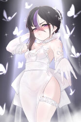 1girl absurdres armpits black_hair blush breasts bug butterfly butterfly_earrings cchiii choker closed_mouth dress earrings elbow_gloves gloves goddess_of_victory:_nikke hair_ornament highres insect jewelry looking_at_viewer mole mole_under_eye petite purple_eyes purple_hair small_breasts syuen_(nikke) thick_thighs thighhighs thighs wedding_dress white_butterfly white_choker white_dress white_thighhighs