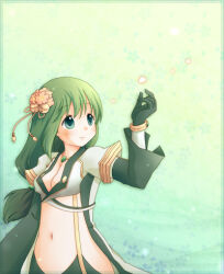 1girl bell black_gloves blush breasts cleavage closed_mouth coat commentary_request crop_top flower gloves green_background green_eyes green_hair grey_coat hair_bell hair_flower hair_ornament jingle_bell long_hair looking_to_the_side low-tied_long_hair lowres medium_breasts open_clothes open_coat petals pink_flower ragnarok_online ren_(totoki) shirt smile solo suspenders upper_body warlock_(ragnarok_online) white_shirt