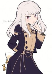 1girl :o arm_behind_back blush buttons candy do_m_kaeru fire_emblem fire_emblem:_three_houses food garreg_mach_monastery_uniform holding long_hair long_sleeves looking_at_viewer lysithea_von_ordelia nintendo pink_eyes simple_background solo sweatdrop twitter_username white_background white_hair