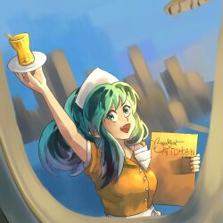 absurdres album_cover breakfast_in_america cityscape cover dress eyelashes fang glass green_hair highres holding holding_menu holding_plate long_hair lum mayaontherapy menu open_mouth parody plate sidelocks urusei_yatsura waitress yellow_dress