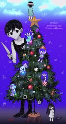 3girls 5boys antenna_hair artist_name aubrey_(headspace)_(omori) aubrey_(omori) basil_(headspace)_(omori) basil_(omori) black_eyes black_hair black_tank_top christmas_ornaments christmas_tree colored_skin flower forest_bunny_(omori) green_eyes green_hair hanged head_wreath hero_(headspace)_(omori) hero_(omori) highres kel_(headspace)_(omori) kel_(omori) long_hair mari_(headspace)_(omori) mari_(omori) maromichan mini_person miniboy minigirl mr._plantegg_(omori) multiple_boys multiple_girls noose omori omori_(omori) short_hair something_(omori) spoilers sprout_mole sunny_(omori) tank_top tree_stump white_skin