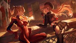 2girls arm_support ass beret black_gloves black_thighhighs blonde_hair blood blood_stain blue_eyes bodysuit breasts brown_hair city cropped_jacket crossover curvy evening gloves goddess_of_victory:_nikke bad_tag hat highleg highleg_leotard highres interface_headset_(evangelion) jacket large_breasts leotard leotard_under_clothes long_hair mecha_pilot_suit medium_breasts meltyrice multiple_girls necktie neon_genesis_evangelion open_clothes open_jacket open_mouth outdoors plugsuit_(evangelion) rapi_(nikke) red_bodysuit red_necktie revealing_clothes shiny_clothes sitting small_breasts souryuu_asuka_langley thighhighs twintails twitter_username very_long_hair wide_hips yellow_eyes