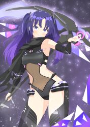 1girl absurdres black_leotard blue_archive blue_eyes blush breasts cosplay covered_navel detached_sleeves groin highres holding holding_weapon leotard long_hair looking_at_viewer mofusuke ongeki parted_bangs purple_hair smile solo takase_rio takase_rio_(cosplay) thighhighs thighs weapon yuuka_(blue_archive)