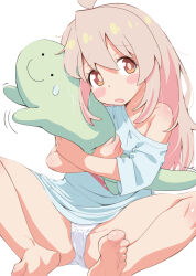 absurdres barefoot blue_shirt brown_eyes highres holding holding_stuffed_toy long_hair no_pants onii-chan_wa_oshimai! open_mouth oyama_mahiro panties petite pink_hair shiina_excel shirt short_sleeves soles spread_legs stuffed_toy toes underwear white_panties
