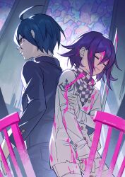 2boys ahoge black_hair black_jacket black_pants blood brown_eyes checkered_clothes checkered_scarf closed_eyes closed_mouth cowboy_shot danganronpa_(series) danganronpa_v3:_killing_harmony ewa_(seraphhuiyu) hair_between_eyes highres jacket long_sleeves male_focus multiple_boys oma_kokichi pants pink_blood purple_hair saihara_shuichi scarf short_hair white_jacket