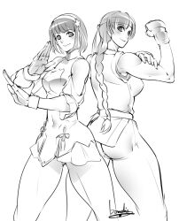 2girls asamiya_athena ass braid braided_ponytail breasts brown_hair dougi dress from_behind gloves hair_ornament hairband idol karate_gi large_breasts leggings long_hair looking_back multiple_girls pants psycho_soldier purple_hair ryuuko_no_ken short_hair skirt smile snk standing star_(symbol) star_hair_ornament the_king_of_fighters the_king_of_fighters_xv thick_thighs thighs yuri_sakazaki