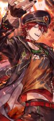 1boy absurdres amagi_rinne artist_name belt belt_buckle belt_collar black_gloves black_hat black_jacket black_nails blue_eyes buckle collar commentary_request dated earrings ensemble_stars! fingerless_gloves gloves hair_between_eyes half_gloves harness hat highres jacket jewelry looking_at_viewer male_focus midriff_peek nail_polish o-ring o-ring_harness open_clothes open_jacket peaked_cap red_belt smile solo teeth xuchuan