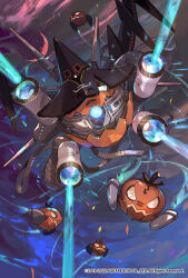 black_hat flying full_body halloween hat highres jack-o&#039;-lantern laser moon no_humans official_art pumpkin robot romancing_saga_re;universe saga so-taro square_enix witch_hat