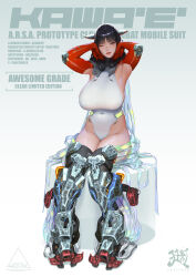 1girl absurdres animal_ears armored_boots armpits bare_hips black_hair blunt_bangs boots breasts character_name collar covered_navel crazyred fake_animal_ears gloves grey_eyes halter_leotard halterneck hands_on_own_face highleg highleg_leotard highres huge_breasts impossible_clothes impossible_leotard kawa&#039;e_(crazyred) latex leotard long_hair looking_at_viewer mechanical_ears mechanical_legs metal_collar mole mole_under_eye one_eye_closed original parted_lips red_gloves red_sleeves science_fiction sideboob signature sitting skin_tight skindentation solo strap thick_thighs thigh_boots thighs white_background white_leotard