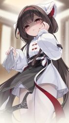 1girl absurdres apron azur_lane black_apron blurry blurry_background brown_hair chang_feng_(azur_lane) chang_feng_(cozy_spring_cleaning)_(azur_lane) chinese_commentary commentary_request dress empty_eyes fur-trimmed_sleeves fur_trim hairband hand_on_own_cheek hand_on_own_face highres holding holding_towel light_particles long_hair long_sleeves low_twintails official_alternate_costume open_mouth pantyhose pink_eyes puffy_long_sleeves puffy_sleeves red_hairband shaded_face solo tanoki233 towel twintails very_long_hair white_dress white_pantyhose