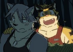 2boys animal_ears bara black_tank_top closed_mouth collarbone dog_boy dog_ears dog_nose dog_tags fangs flashlight furry furry_male grey_fur grey_hair hayahaya50 highres jewelry kouya_aotsuki looking_at_another looking_to_the_side male_focus morenatsu multiple_boys necklace open_mouth red_tank_top smile tank_top tiger_boy tiger_ears tiger_stripes torahiko_oshima yellow_fur