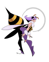 1girl abdomen_tail antennae arthropod_girl bee_girl black_horns black_sclera boots breasts callan_(callancoe) colored_sclera covered_erect_nipples darkstalkers dated full_body highres horns insect_girl insect_wings large_breasts pantyhose profile purple_hair purple_pantyhose q-bee signature simple_background smile solo stinger striped white_background wings